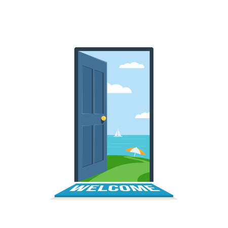 Open the door. Beautiful path to beach with a parasol. Seascape with a sailboat in the open sea. Concept of tourism and travel. Vector illustration in flat isolated on white background style for the Wed banner or posterのイラスト素材