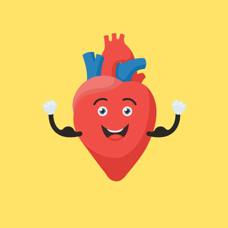 Funny strong heart character. Cute human internal organ sign. Vector illustration in cartoon styleのイラスト素材