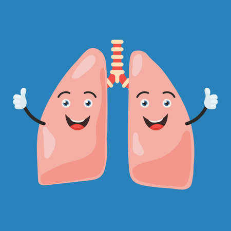 Funny happy lung character show hand thumb up. Cute human internal organ sign. Vector illustration in cartoon styleのイラスト素材