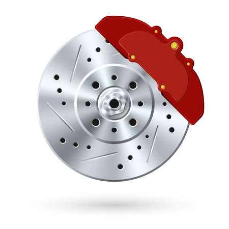 Icon steel brake disc with perforations and red caliper. Brake system of the vehicle. Tuning auto parts sign. Vector illustration isolated on white backgroundのイラスト素材