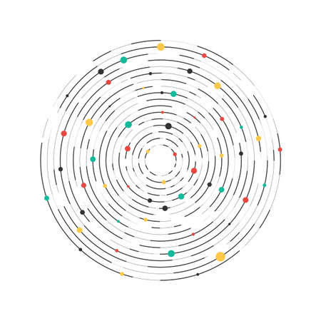 Circular lines and color dots. Abstract technology background. Geometric element, concentric, radiating circles, vortex. Vector illustrationのイラスト素材