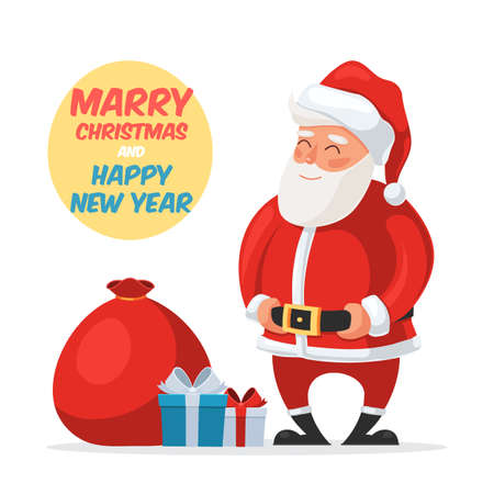 Cute Santa Claus with gift bag and boxes. Label with text Marry Christmas and a happy New year. Vector illustration in cartoon style for design web banner, porter, greeting cardsのイラスト素材