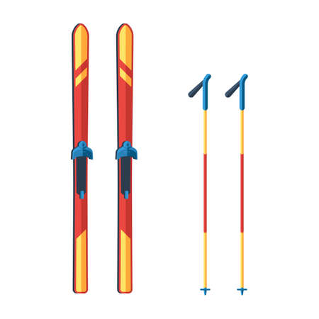Ski and sticks a icon. Equipment for extreme winter sports and leisure activities in the mountains. Vector illustration in flat style isolated on white backgroundのイラスト素材