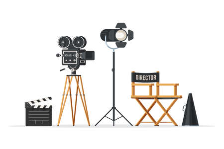 Director chair, movie camera with film reels, searchlight, megaphone and clapperboard. Vintage cinema concept. Vector illustration in trendy flat style design isolated on white backgroundのイラスト素材