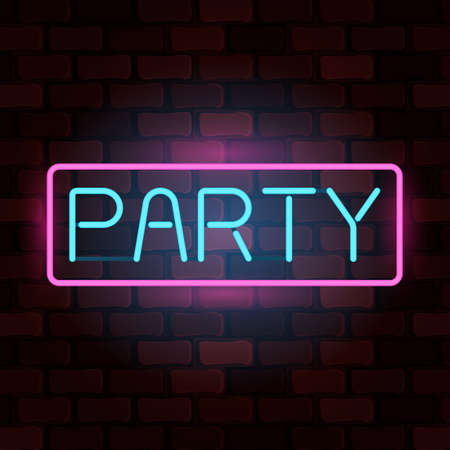 Luminous neon sign party against a brick wall. Vector illustration for web banner, poster, invitation or greeting cardのイラスト素材
