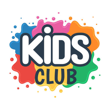 Kids club inscription on the background of colored blots of paints. Children Center for Creative Development sign. Vector illustration isolated on white backgroundのイラスト素材