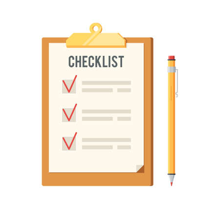 Checklist and pen icon. Clipboard with red ticks checkmarks. To-do list, survey, exam concepts. Vector illustration in flat style design, isolated on white backgroundの写真素材