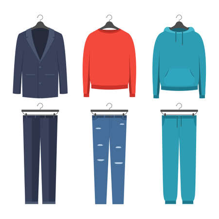 Set of mens clothing in different styles, business suit, casual, sports. Vector illustration icon in flat style isolated on a white backgroundのイラスト素材