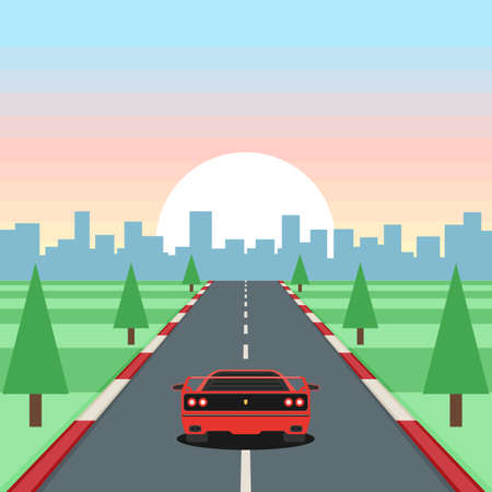 Retro game racing. Motor vehicles rides on highway on sunset background.のイラスト素材