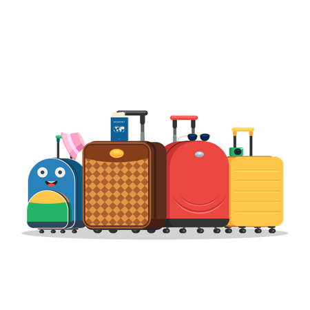 Modern travel bags with wheels for the whole family. Baggage suitcase and hat, passport with tickets, photo camera, eyeglasses. Vector illustration in trendy flat style isolated on white backgroundのイラスト素材