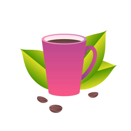 Mug of organic coffee with green leaves and roasted beans. Vector illustration in trendy flat style isolated on white backgroundの写真素材