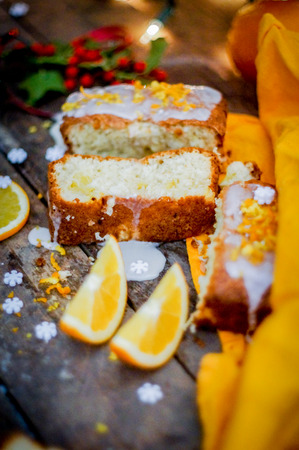 orange pie on wooden table の写真素材