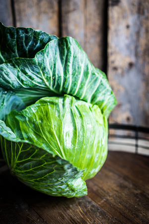 Raw cabbage on wooden backgroundの写真素材