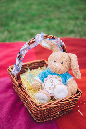 Basket with presents for a newborn baby boyの写真素材