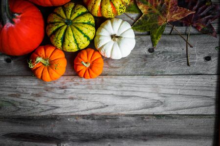 Colorful pumpkins and fall leaves on rustic wooden backgroundの写真素材