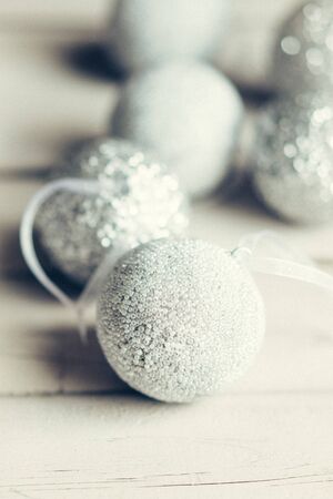 Christmas ornaments on rustic wooden backgroundの写真素材
