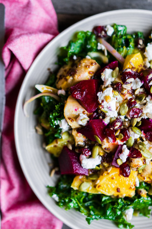 Healthy salad with grilled chicken,kale.beets and goat cheeseの写真素材