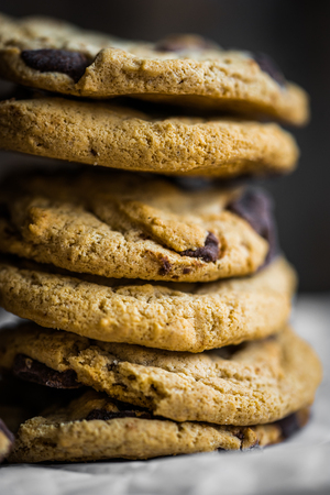 Chocolate chip cookies on rustic backgroundの写真素材