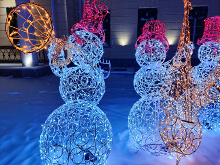 Jazz band of merry snowmen. concert all night. The concept of New Year and Christmas. Magical new year's eve. A greeting card for the new year 2023の写真素材