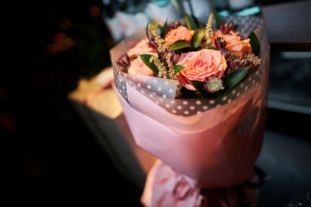 Bouquet of lush pink roses. Close up photo.の写真素材