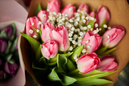 Gorgeous bouquet of tulips. Beautiful spring flowers. Gift for a girlの写真素材