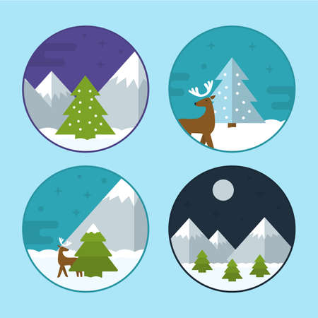 Flat Vector Illustration Set of Different Christmas Scenes. Mountains with Snow, Reindeer, Christmas Tree and Snowflakesのイラスト素材