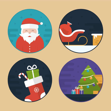 Flat Vector Illustration Set of Different Christmas Scenes. Santa Claus. Sledge, Gift Bag, Sock, Christmas Tree and Giftsのイラスト素材