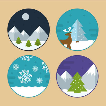 Flat Vector Illustration Set of Different Christmas Scenes. Mountains with Snow, Reindeer, Christmas Tree and Snowflakesのイラスト素材
