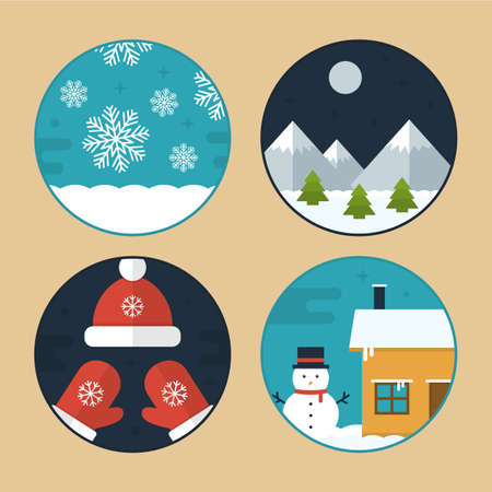 Flat Vector Illustration Set of Different Christmas Scenes. Snowflakes, Snowman, Mountains with Snow, Hat and Glovesのイラスト素材