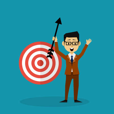 Achievement of Goal. Purpose business concept. Businessman Holding an Arrow and Standing by a Target. Vector Illustration Flat designのイラスト素材