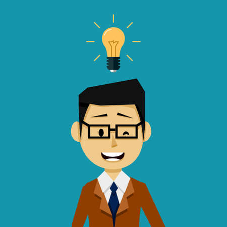 Flat Businessman Character with an Idea Light Bulb Above the Headのイラスト素材