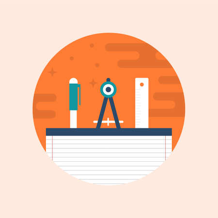 Illustration Design Concept of School Supplies, Pencil, Ruler,  Geometric Compass and Notebook. Flat...