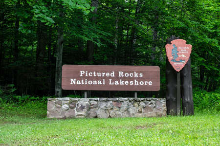 Entrance sign to the Pictured Rocks National Lakeshore operated by American Department of the Interior  Munsing, Michigan  のeditorial素材