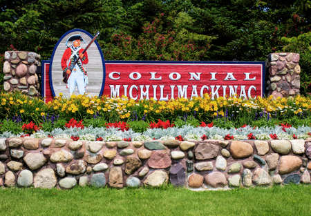 Welcome sign to the Colonial Michilimackinac State Historic Park  Located in Mackinaw City, Michigan  のeditorial素材