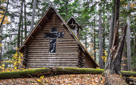 Small log chapel in the woods. Hartwick Pines State Park.の写真素材