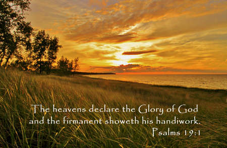 Golden sunset on the Great Lakes shore with inspirational quote from the book of Psalms.