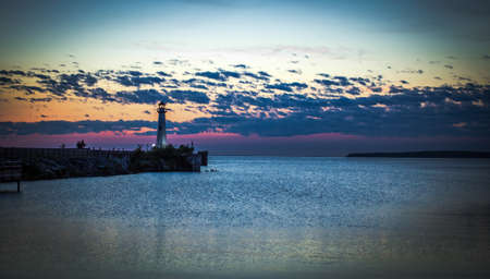 Sunrise Over The St. Ignace Waterfront District with Mackinaw Island in the background.の写真素材