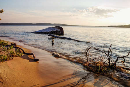 Shipwreck along a remote Lake Superior beach in Pictured Rocks National Lakeshore in Michigan s Upper Peninsulaの写真素材