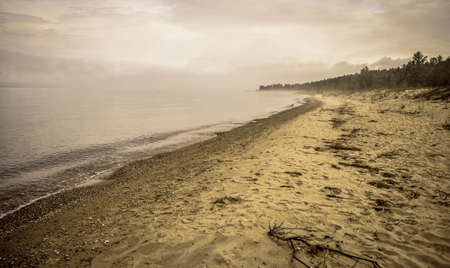 Foggy Beach. The fog rolls in on the remote shores of the Lake Huron coast.の写真素材