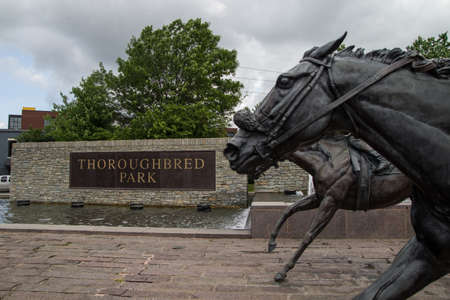 Thoroughbred Park. May 27, 2015. Lexington, Kenucky. USA - Sculptures of Thoroughbreds race to the finish line in Thoroughbred Park located in downtown Lexington, Kentucky.のeditorial素材