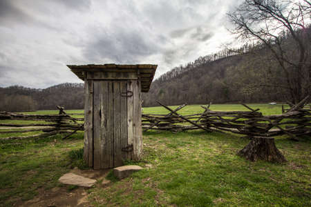 Wooden Outhouse. Wooden outhouse on display in the Great Smoky Mountains National Park.の写真素材