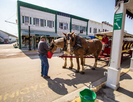 Mackinaw Island, Michigan, USA - May 6, 2016: Employees waters Belgian draft horses at the Mackinaw Island Carriage company which offers horse drawn tours for tourists to the island.のeditorial素材