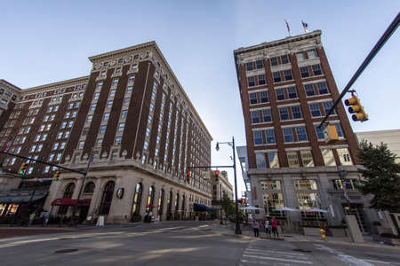 Grand Rapids, Michigan, USA - September 17, 2016: Monroe and Pearl Street in downtown Grand Rapids with the historical Amway Grand Plaza Hotel on the corner. Grand Rapids is one of  the largest cities in Michigan, second in size to Detroit.のeditorial素材
