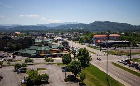 Pigeon Forge, Tennessee, USA - May 16, 2017: Aerial view of the mountain resort town of Pigeon Forge nestled in the shadows of the Great Smoky Mountains of Tennessee.のeditorial素材