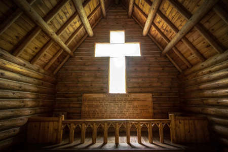 Grayling, Michigan, USA - July 20, 2017: The interior of the Chapel Of The Pines. The Chapel was funded by an anonymous donation and the small church is located in Hartwick Pines State Park.のeditorial素材