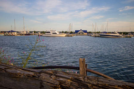 Mackinaw City, Michigan, USA - July 25, 2017: The busy Mackinaw City Marina at the height of tourist...