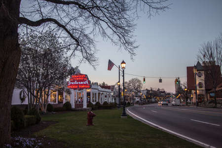 Frankenmuth, Michigan, USA - April 17, 2016: Street level view of the downtown district of the popular tourist town of Frankenmuth Michigan. Frankenmuth is a popular tourist town located in the Lower Peninsula of Michigan.のeditorial素材