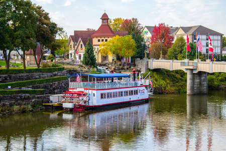 Frankenmuth, Michigan, USA - October 9, 2018: Frankenmuth cityscape with the Bavarian Belle Riverboat. Frankenmuth is the second most popular tourist destination in Michigan.のeditorial素材
