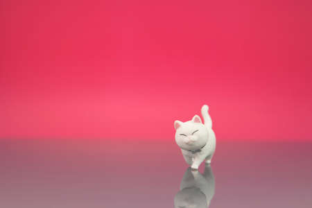 Cute cat or kitten figure walking isolated in pink background. Animal lover or quotes concept.の写真素材