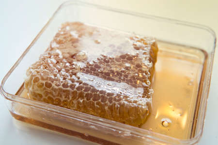 Close up of slice of honeycomb with honey in container isolated in white. Selective focus.